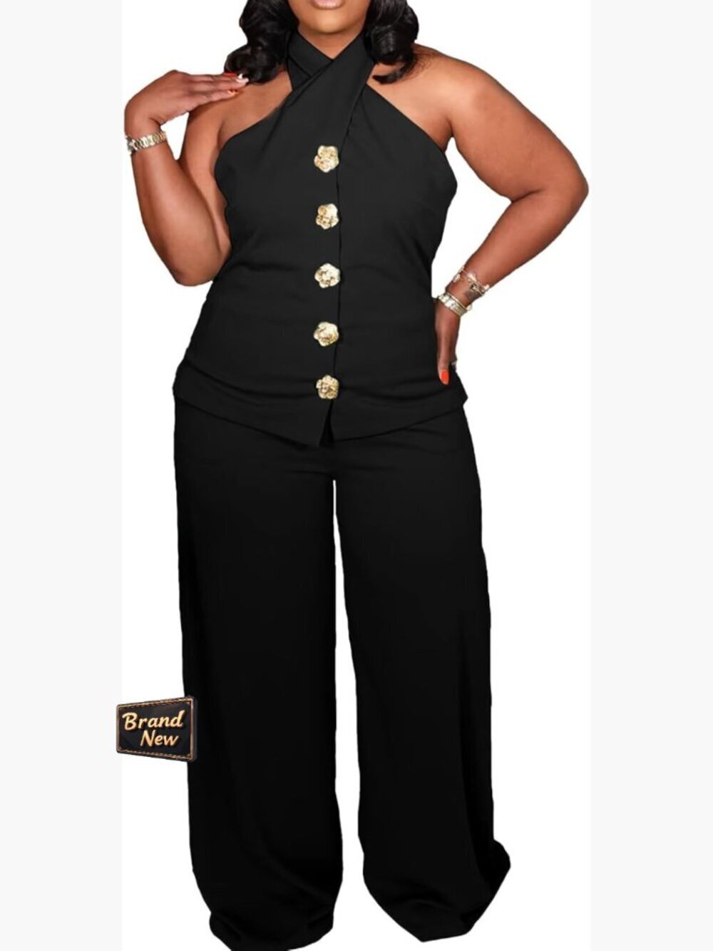 Plus Size Two Piece Outfit Summer Halter Neck Vest Tank Top Wide Leg Pants Suit